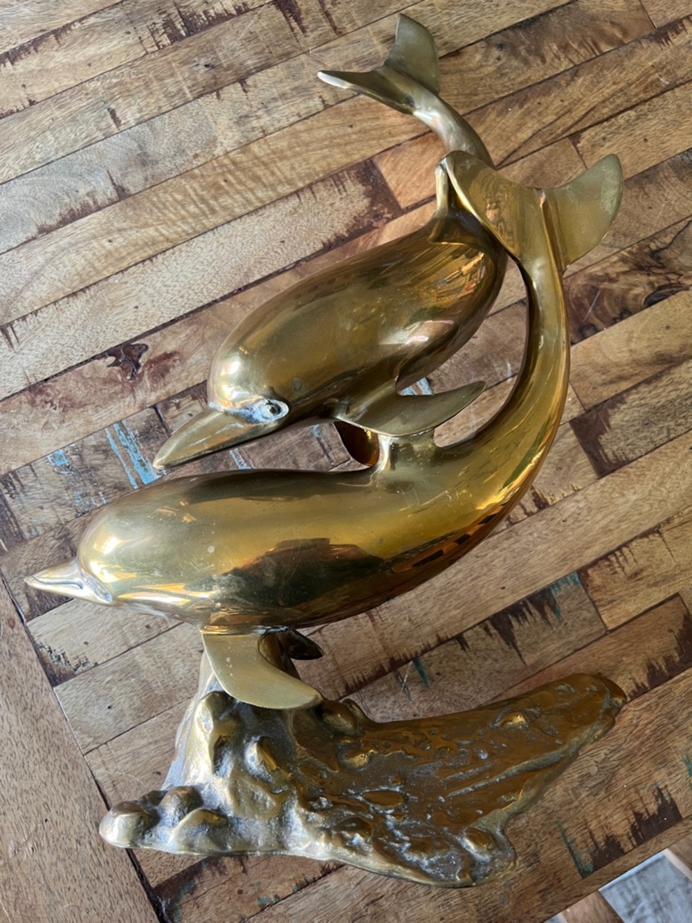 Vintage Solid Brass Leaping Dolphins Large Statue Sculpture